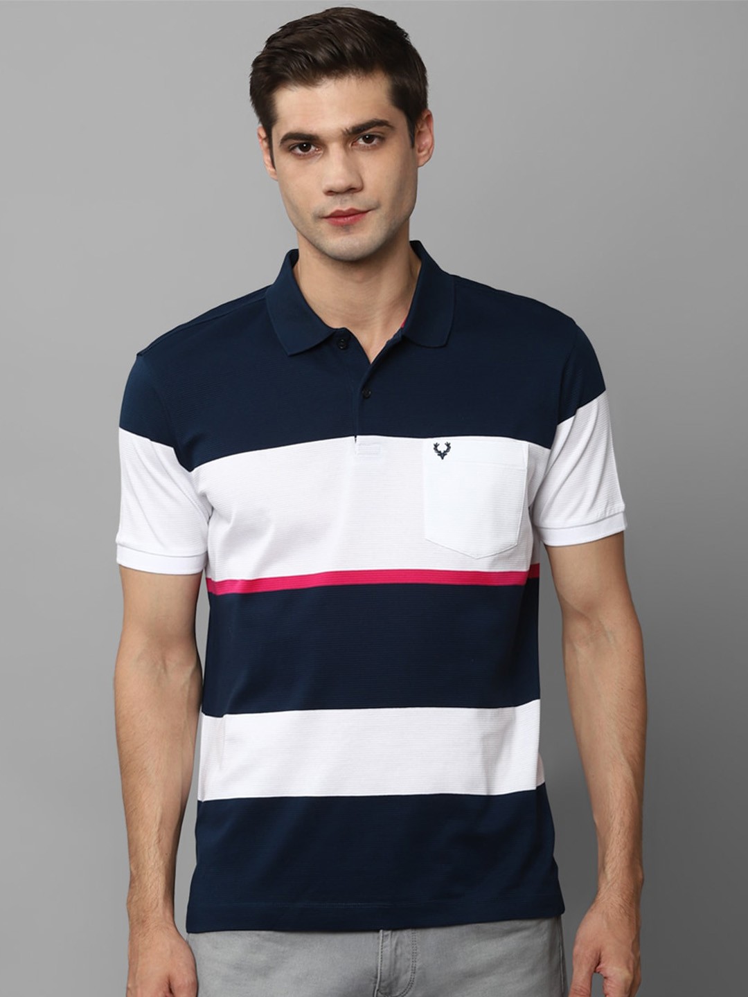 Allen Solly Colourblocked Polo Collar Pure Cotton T-shirt, Navy blue