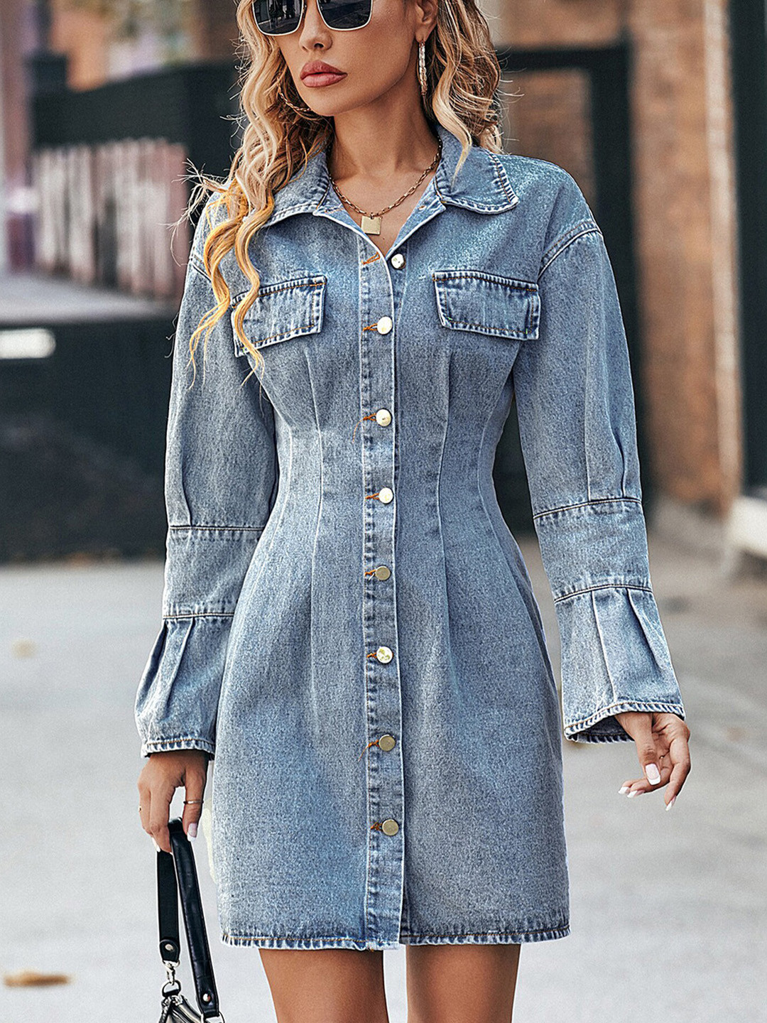 

LULU & SKY Shirt Collar Bell Sleeves Gathered Shirt Dress, Blue