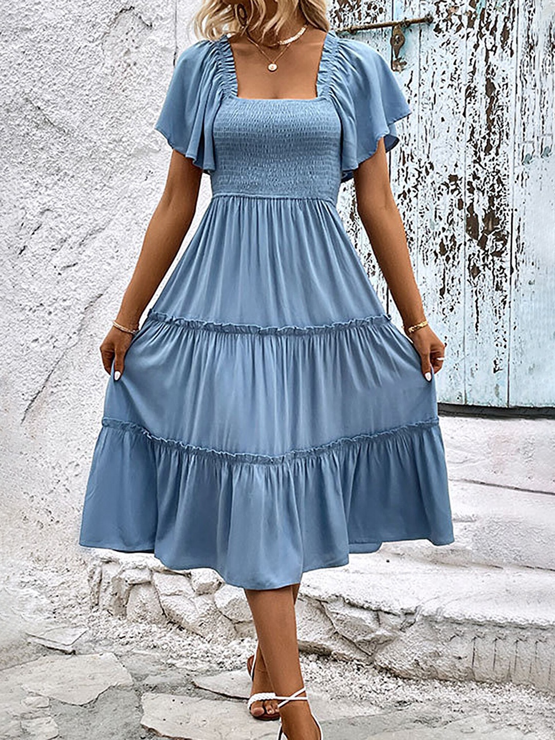 

LULU & SKY Flutter Sleeve Tiered Fit & Flare Midi Dress, Blue