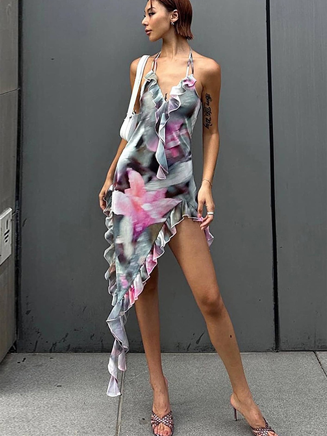 

LULU & SKY Abstract Printed Halter Neck Ruffles A-Line Midi Dress, Grey