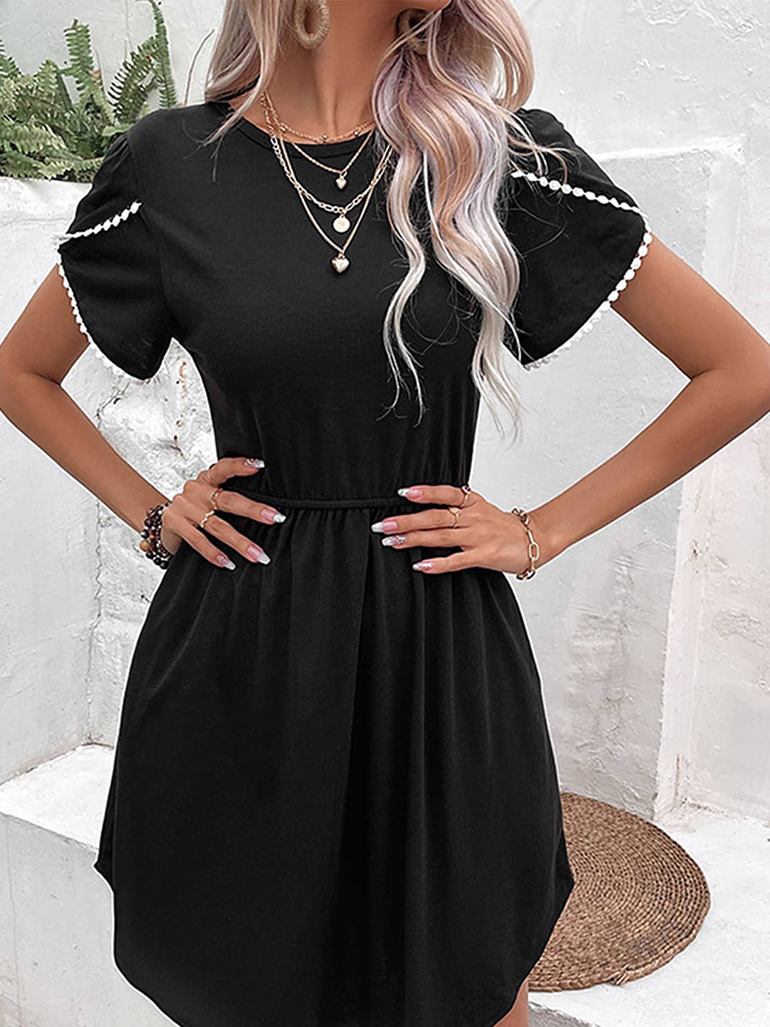 

LULU & SKY Round Neck Gathered Fit & Flare Dress, Black