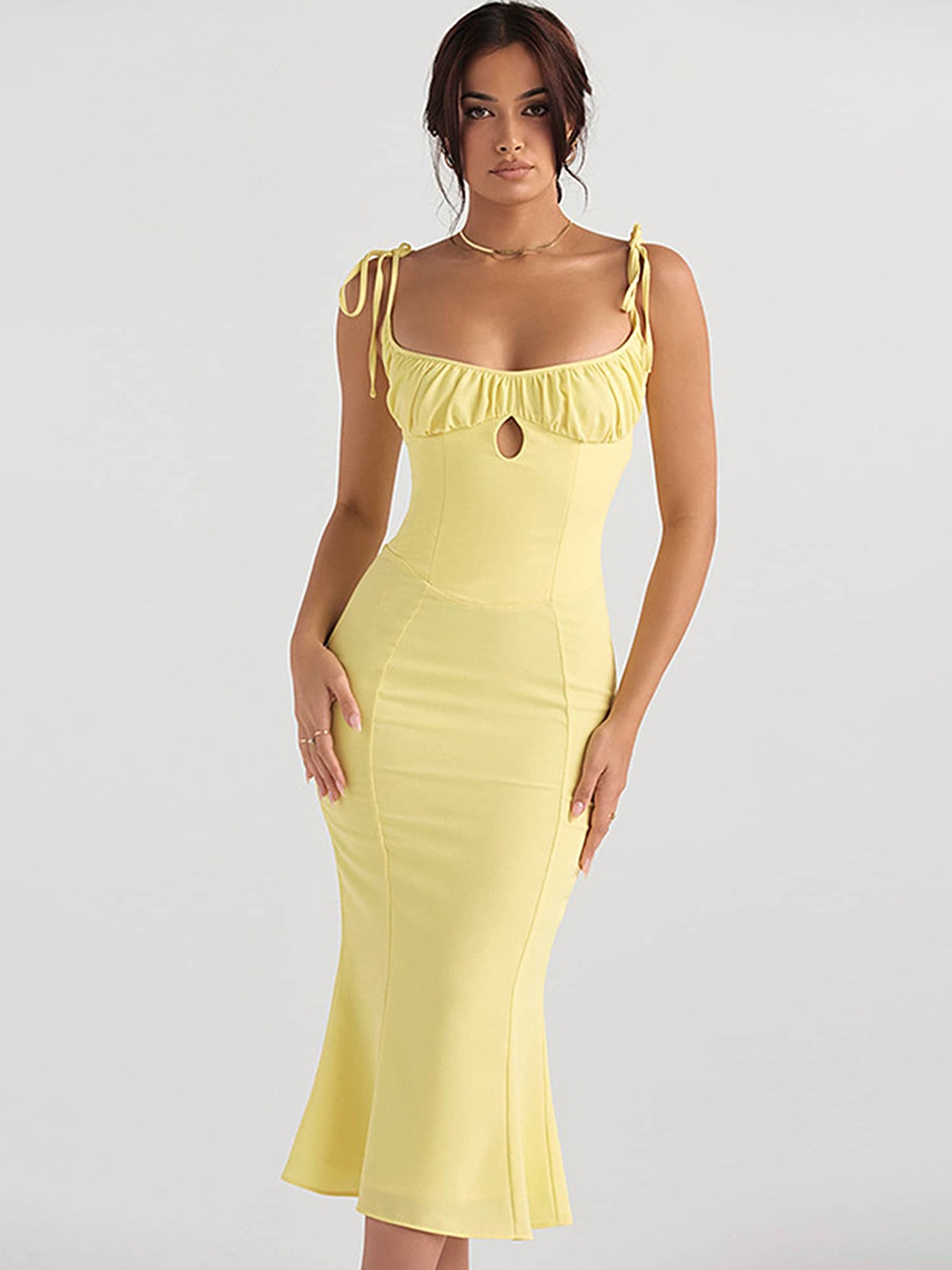 

LULU & SKY Shoulder Strap Cut-Outs Bodycon Midi Dress, Yellow