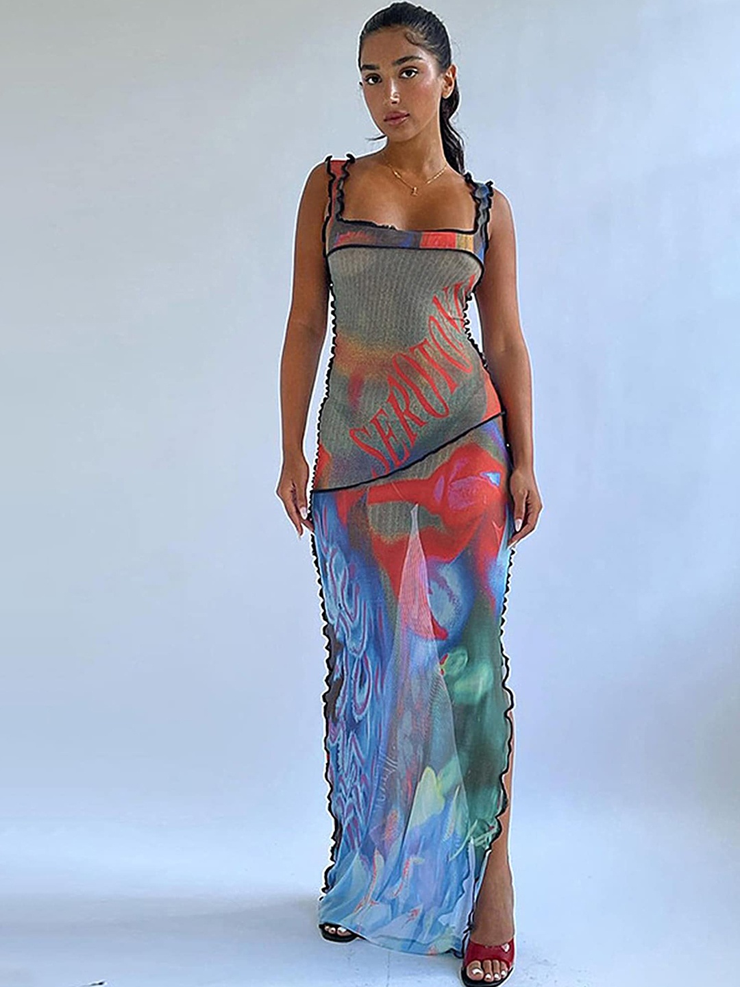 

LULU & SKY Abstract Printed Square Neck Maxi Dress, Blue