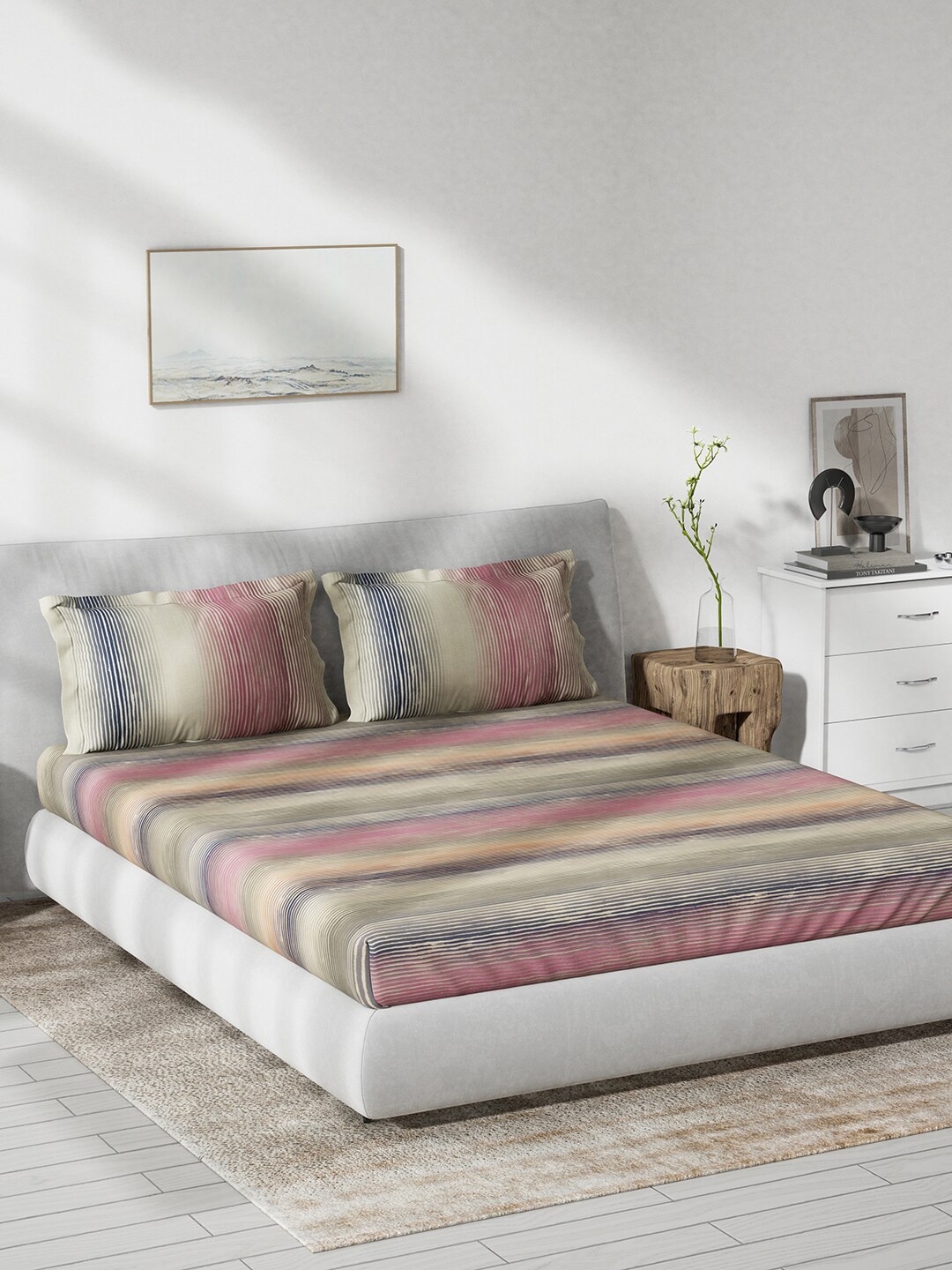 

DDecor Purple & Yellow Striped Cotton 144 TC King Bedsheet With 2 Pillow Covers