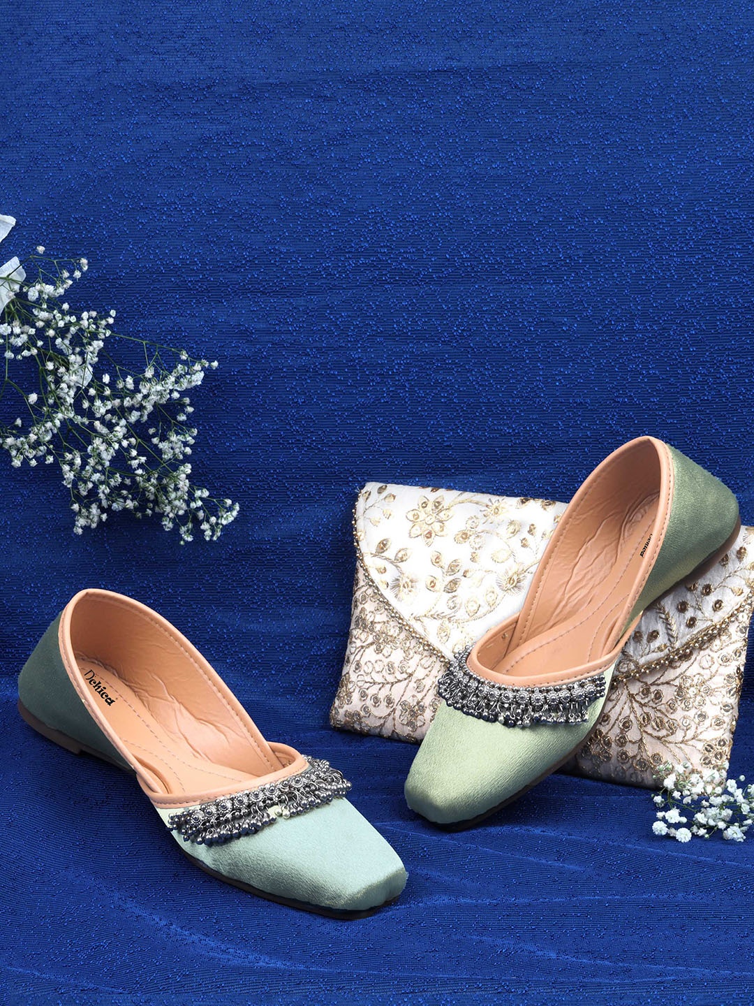 

DChica Ethnic Embellished Square Toe Mojaris, Sea green
