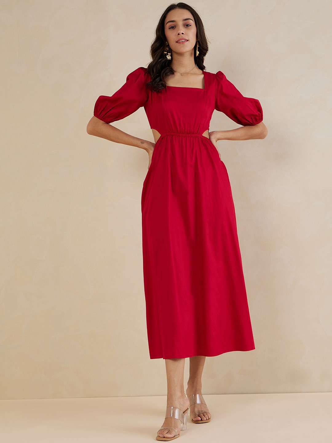 

Femella Square Neck Puff Sleeves Cotton Fit & Flare Midi Dress, Red