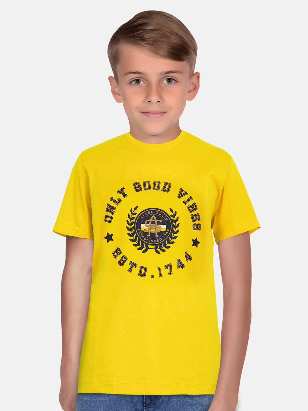 

Allen Solly Junior Boys Typography Printed Round Neck Regular Fit Cotton T-Shirt, Yellow