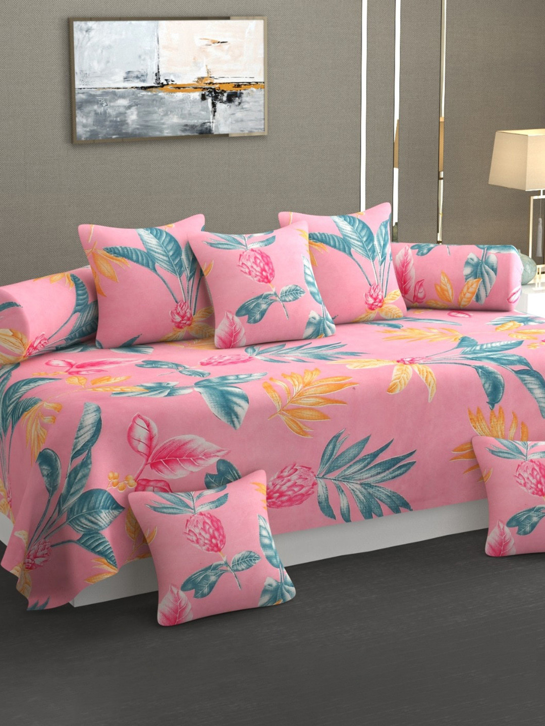 

Bajo's 8-Pcs Pink & Green Printed Cotton Diwan Set