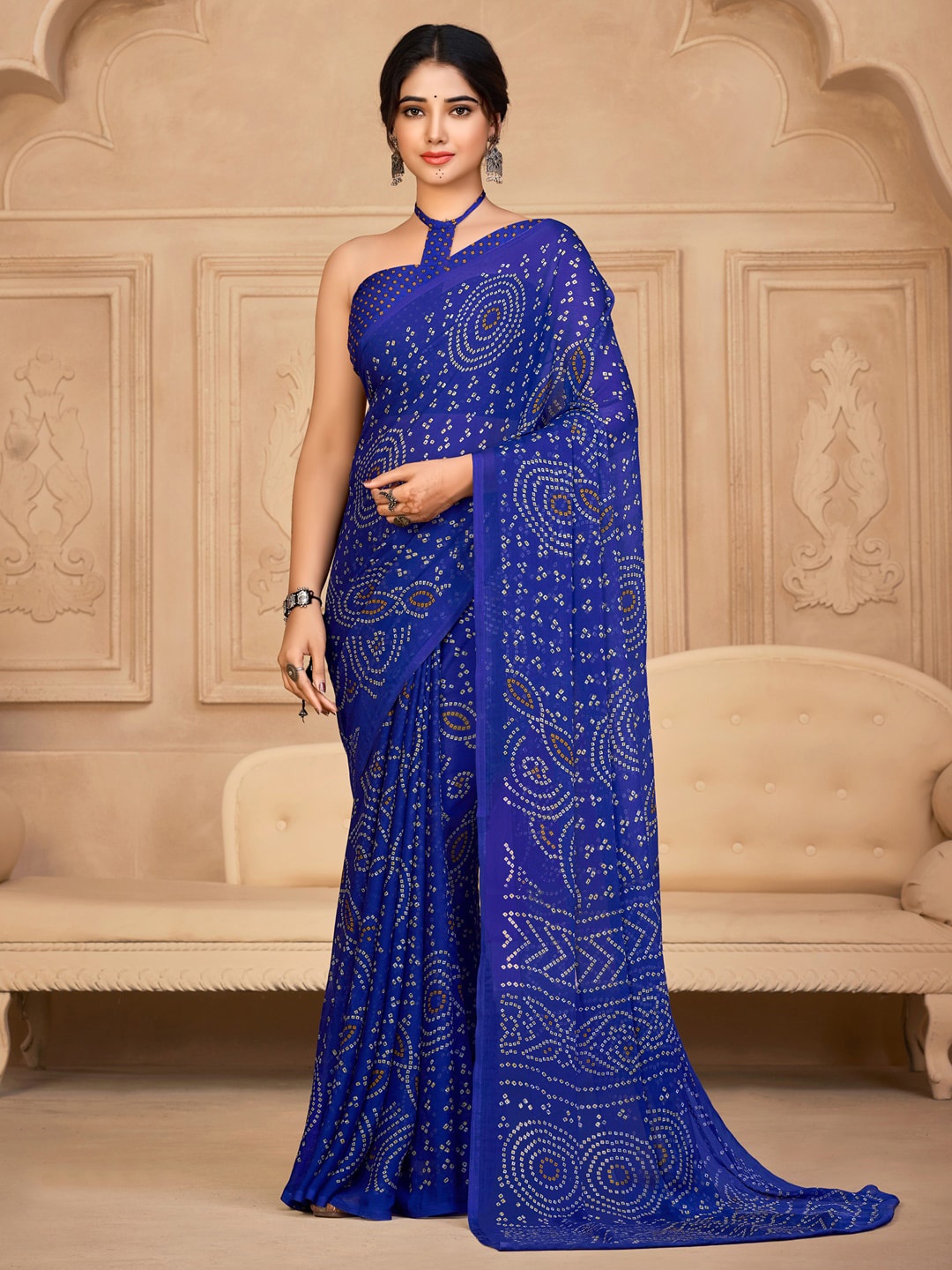

Anouk Blue & White Bandhani Printed Pure Chiffon Bandhani Saree