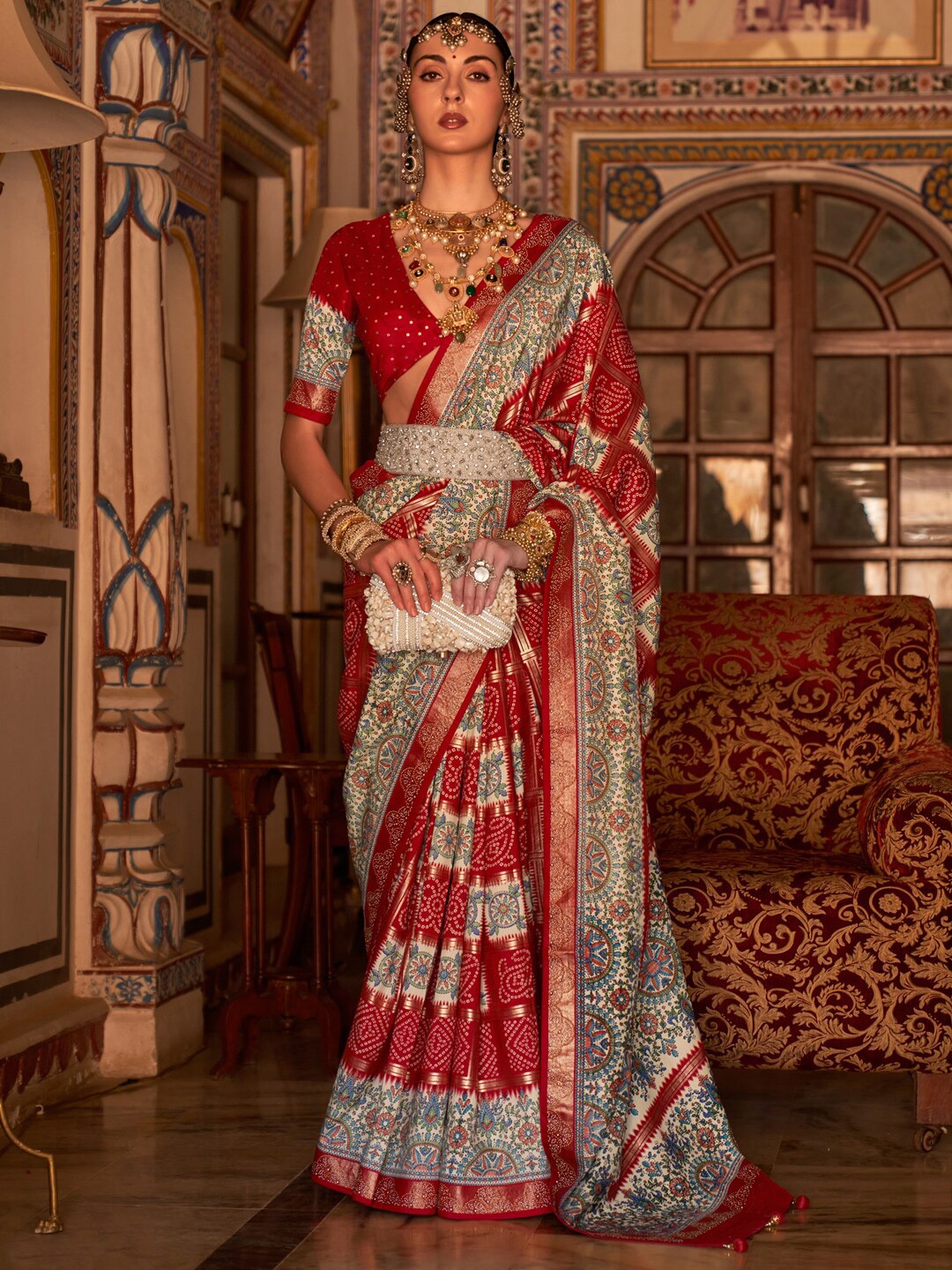 

Anouk Red & Blue Bandhani Printed Saree