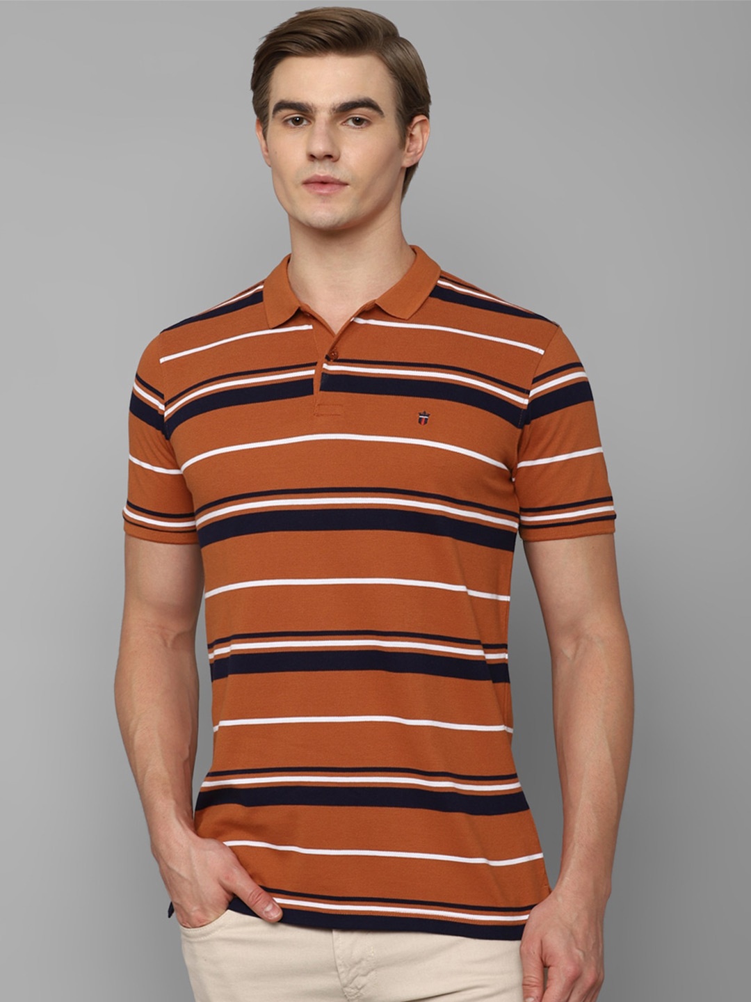

Louis Philippe Sport Striped Polo Collar Slim Fit Pure Cotton T-shirt, Orange