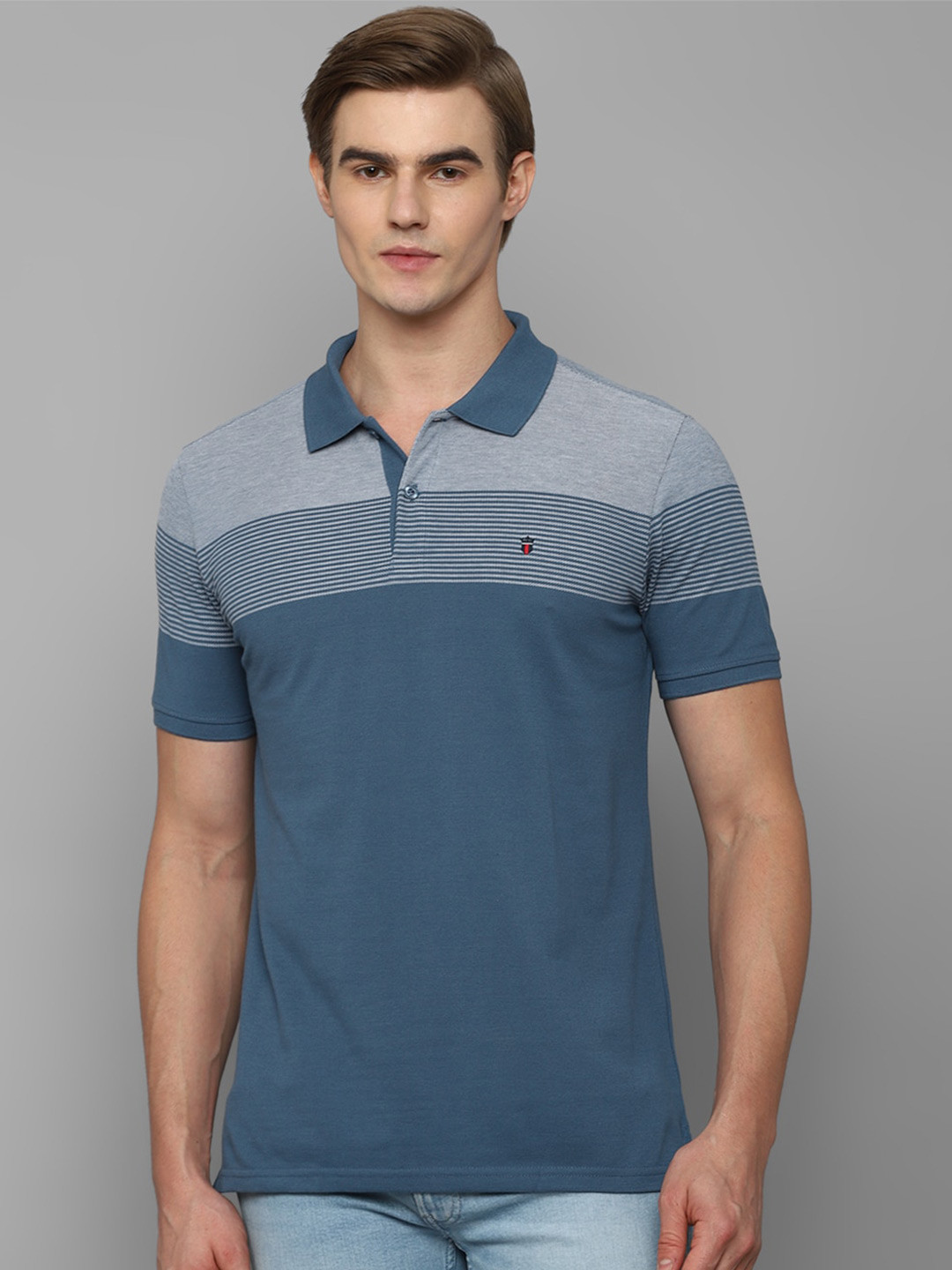 

Louis Philippe Sport Striped Polo Collar Slim Fit Pure Cotton T-shirt, Blue