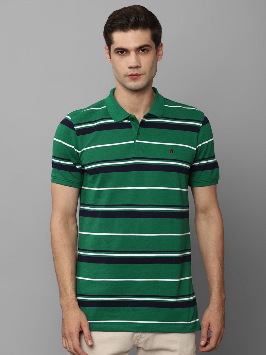 

Louis Philippe Sport Striped Polo Collar Pure Cotton Slim Fit T-Shirt, Green