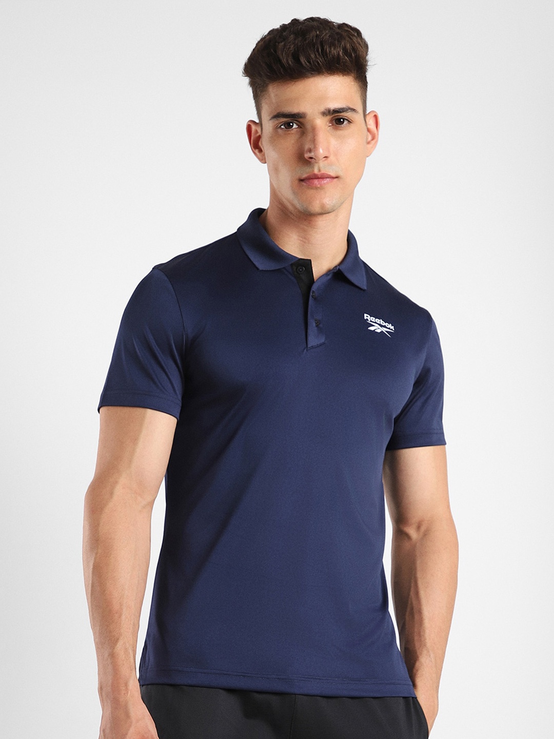 

Reebok Slim-Fit Fnd Rec Vector Polo Collar Sports T-Shirt, Navy blue