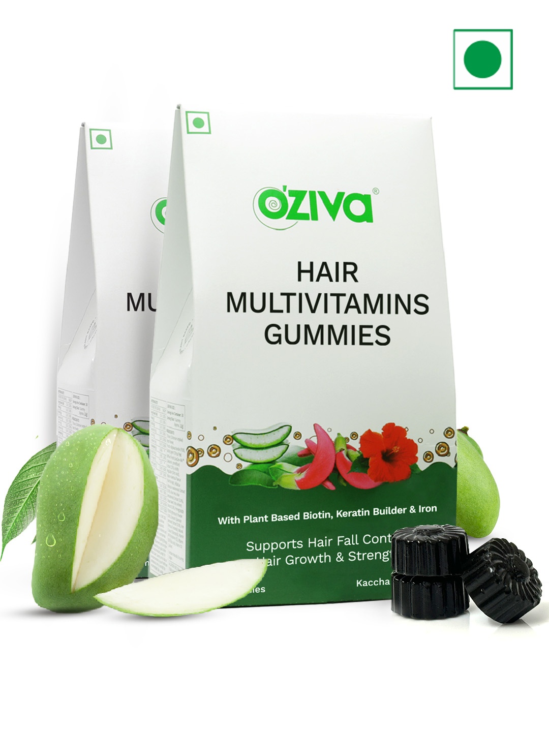 

OZiva Set of 2 Hair Multivitamins Gummies for Hair Fall Control - 30 Gummies Each, Green