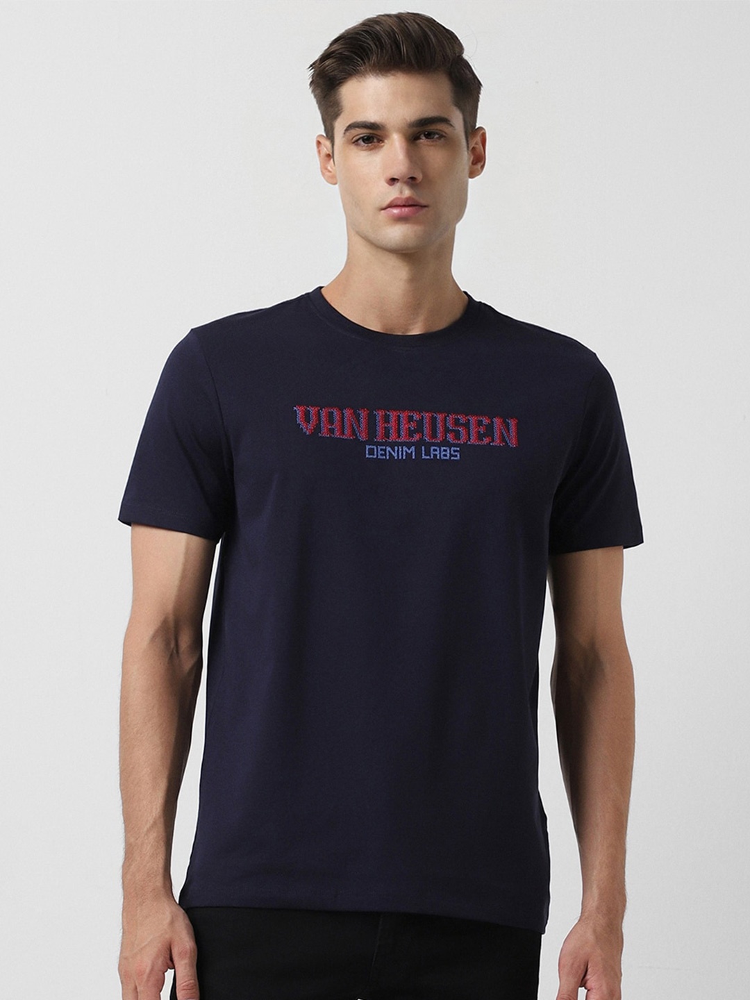 

VAN HEUSEN DENIM LABS Brand Logo Printed Cotton T-shirt, Navy blue