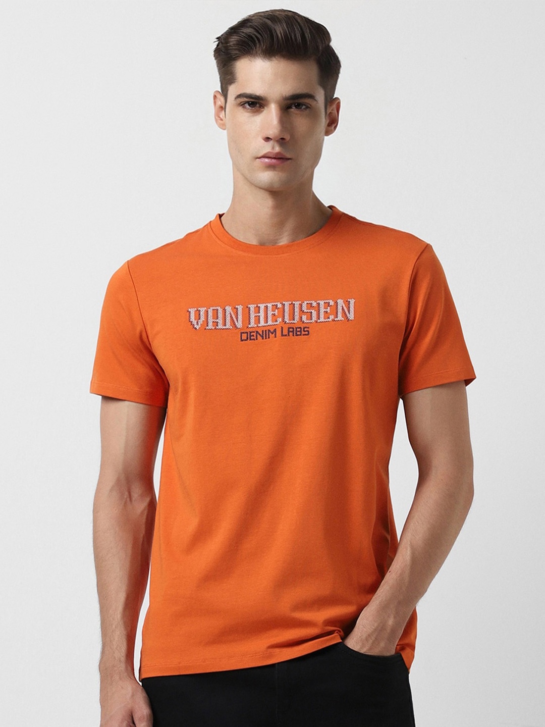 VAN HEUSEN DENIM LABS Brand Logo Printed Cotton T-shirt, Orange