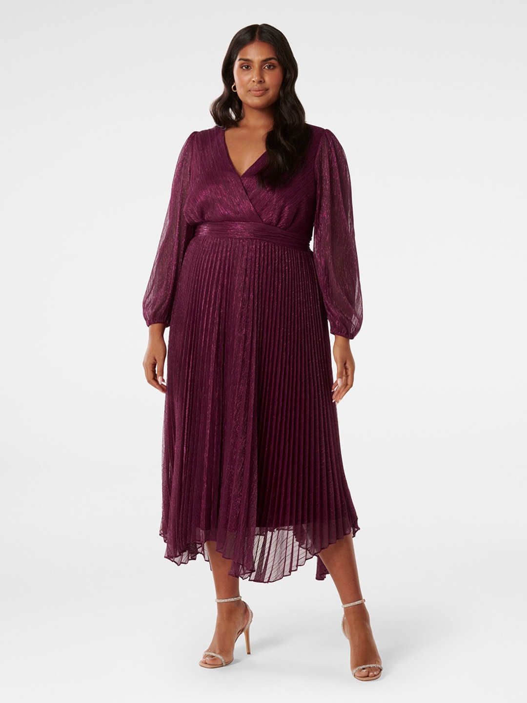 

Forever New Plus Size Self Design Puff Sleeve Accordion Pleated Fit & Flare Midi Dress, Burgundy