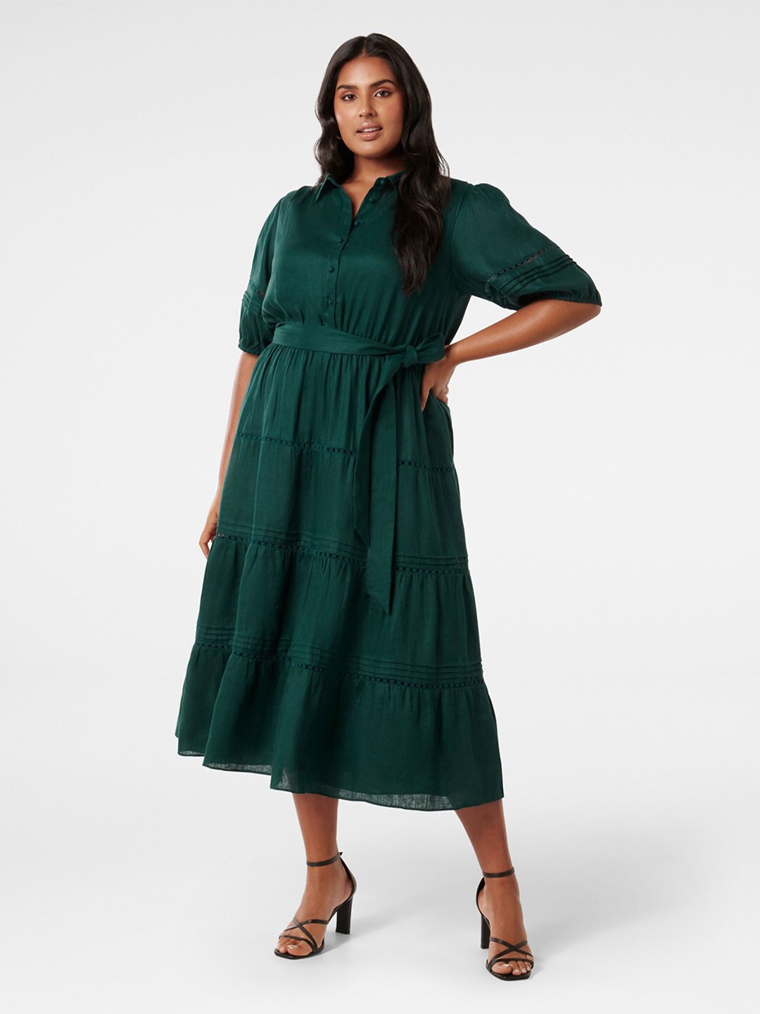 

Forever New Plus Size Puff Sleeve Linen Tiered Fit & Flare Midi Dress, Green