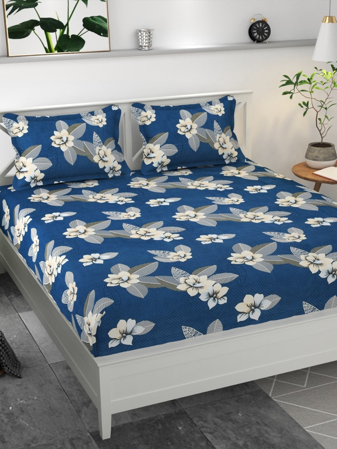 

Bajo's Blue & White Floral Cotton Fitted 300 TC Queen Bedsheet With 2 Pillow Covers