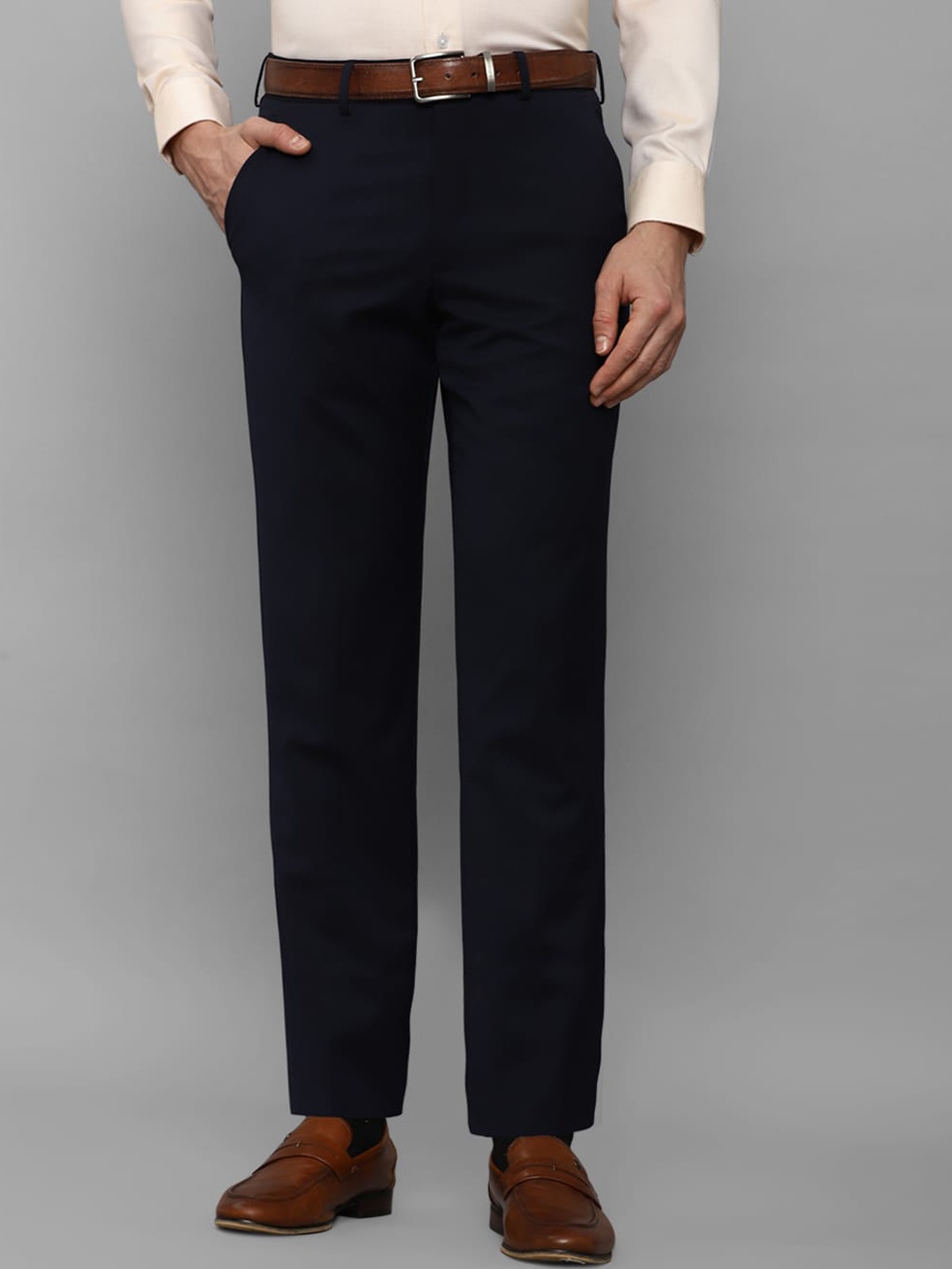 

Luxure by Louis Philippe Men Plain Flat-Front Slim Fit Formal Trousers, Navy blue