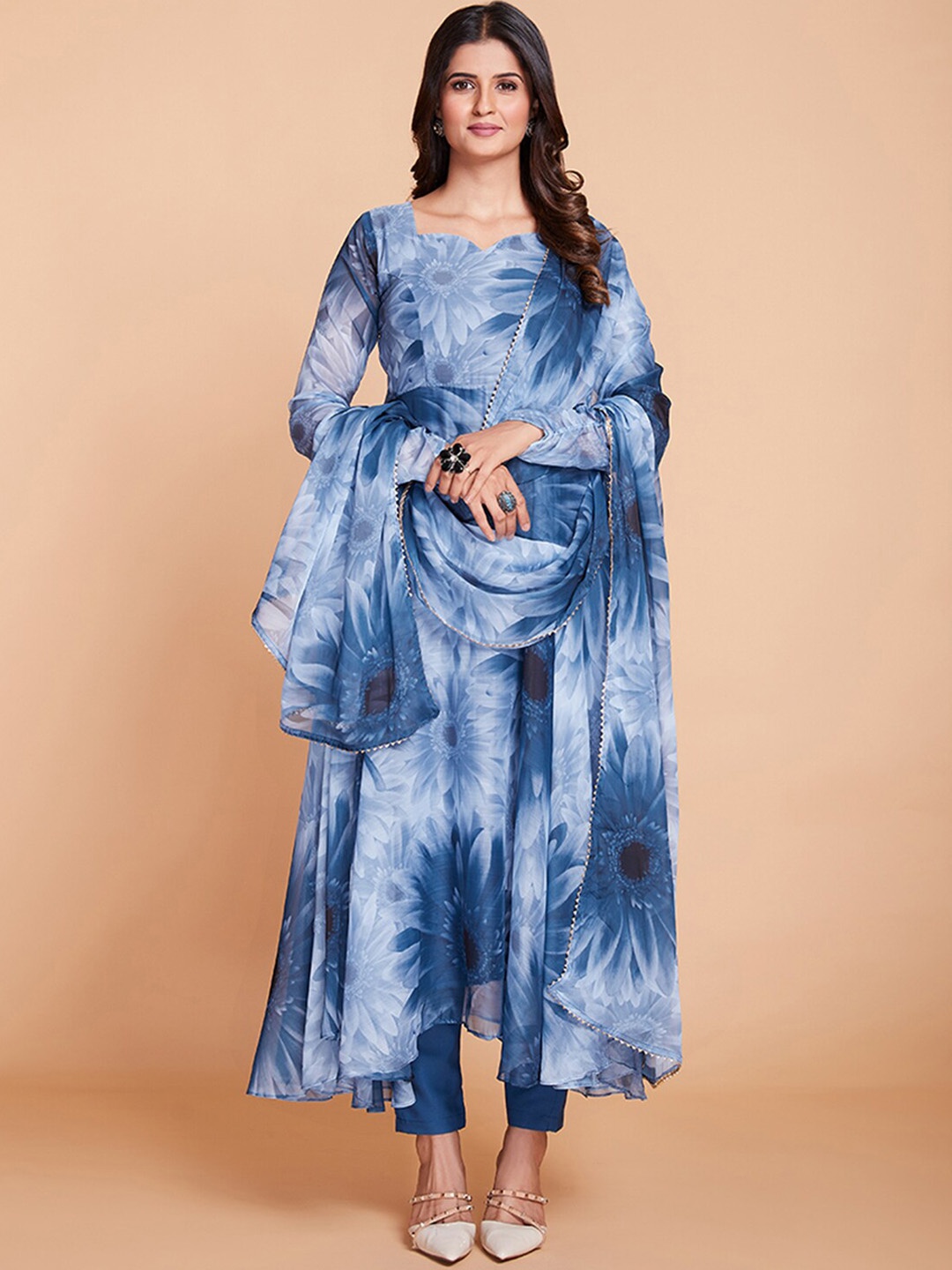 

ODETTE Floral Printed Anarkali Kurta With Trousers & Dupatta, Blue