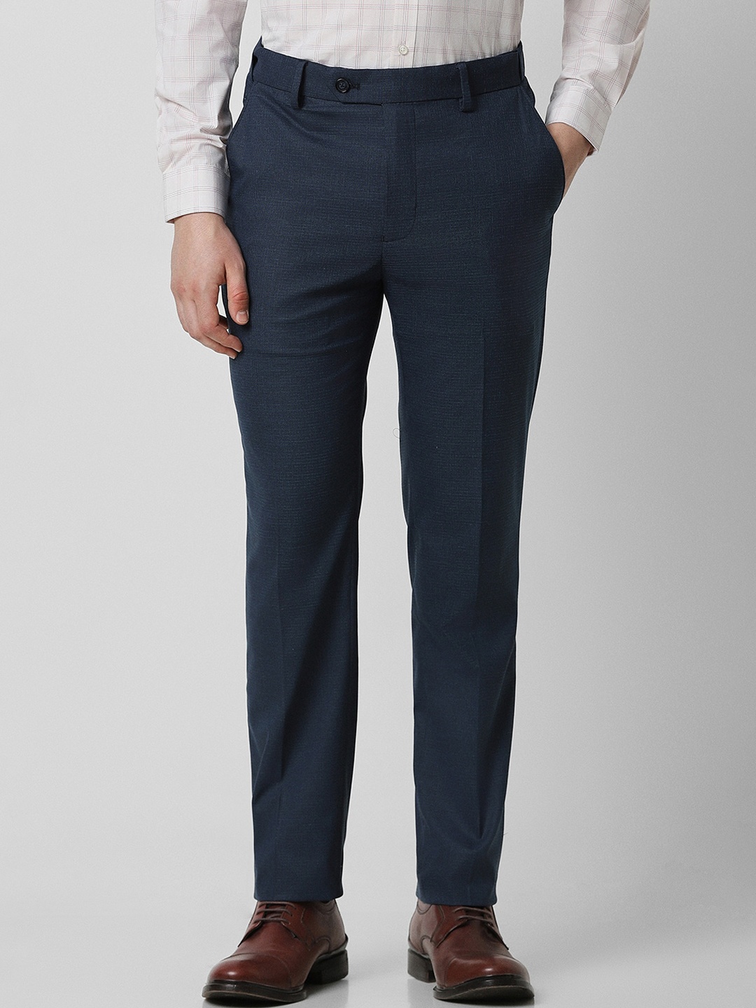 

Peter England Men Mid-Rise Slim Fit Textured Formal Trousers, Navy blue