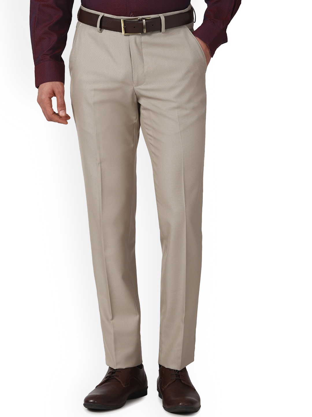 

Peter England Men Mid-Rise Slim Fit Formal Trousers, Beige
