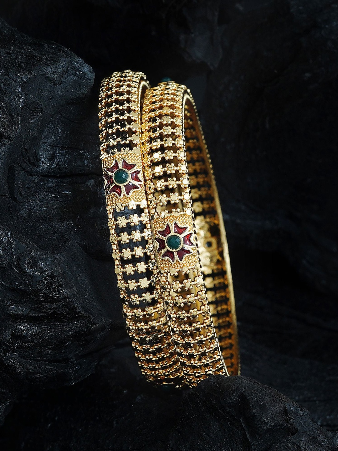 

MANSIYAORANGE Set Of 2 Gold-Plated American Diamond Studded Enamelled Bangles
