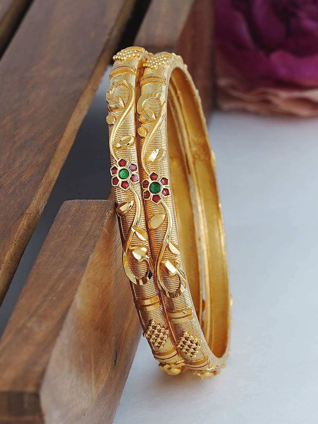 MANSIYAORANGE Set Of 2 Gold-Plated Artificial-Stones Studded Bangles, Red