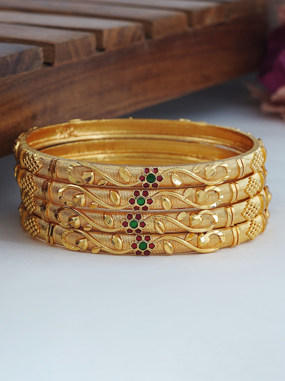 MANSIYAORANGE Set Of 4 Gold Plated Meenakari Bangles