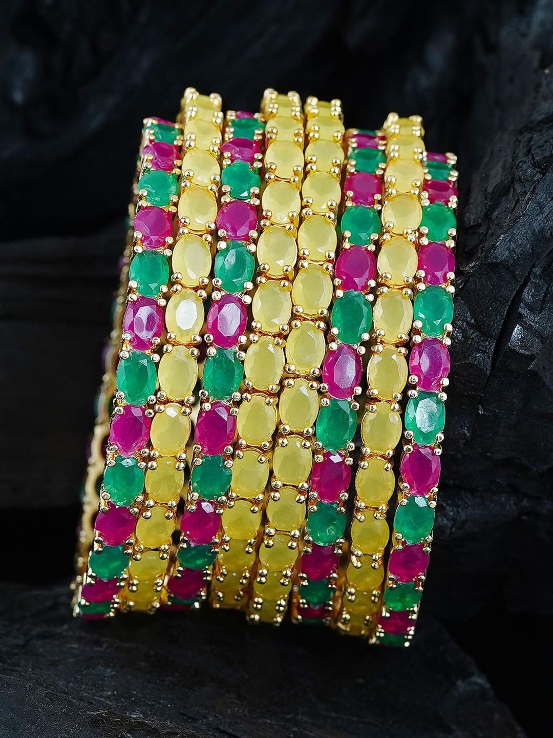 

MANSIYAORANGE Set Of 8 Gold-Plated American Diamond Studded Bangles, Yellow
