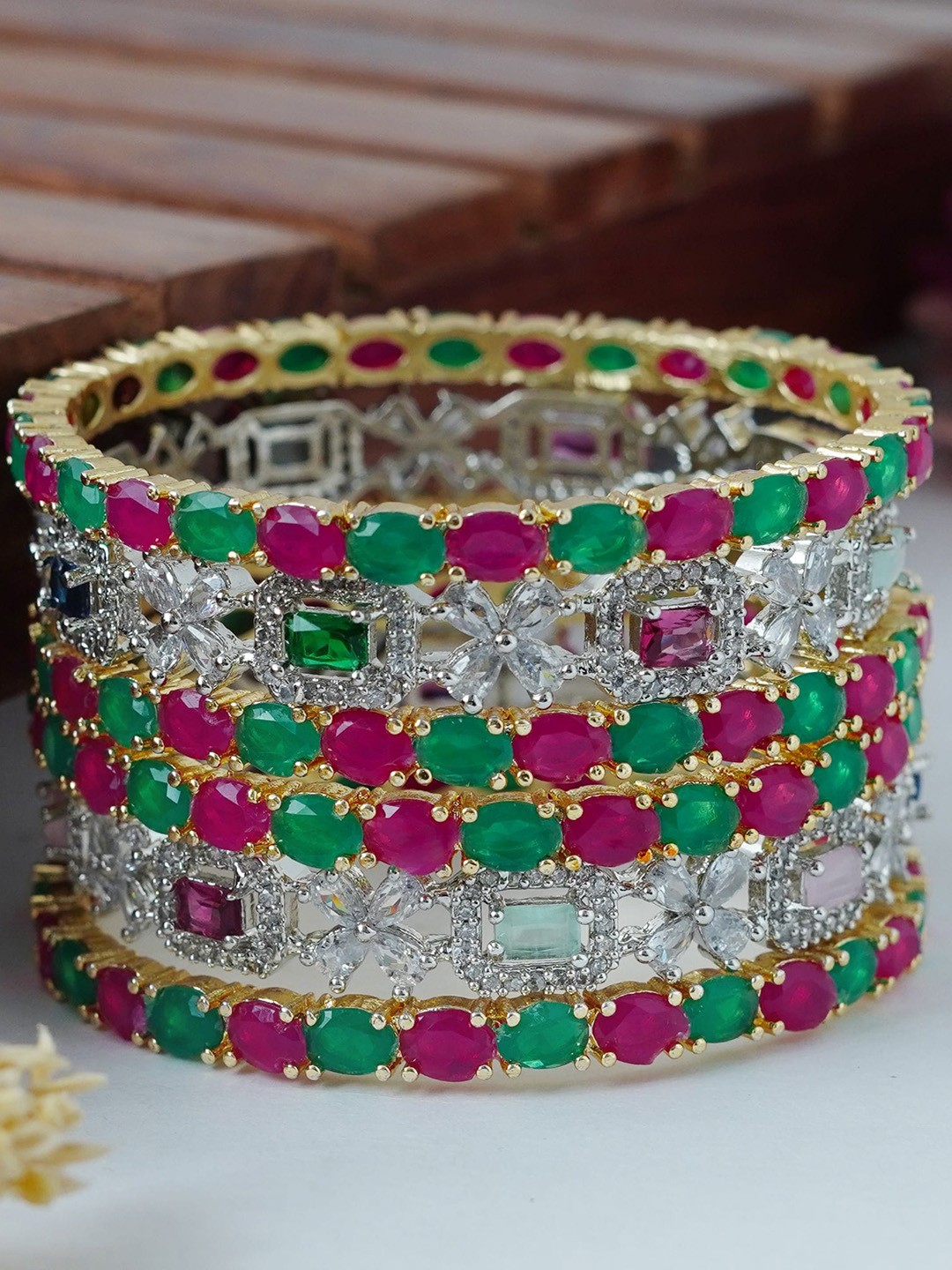 

MANSIYAORANGE Set Of 6 Rhodium-Plated CZ-Studded Bangles, Silver