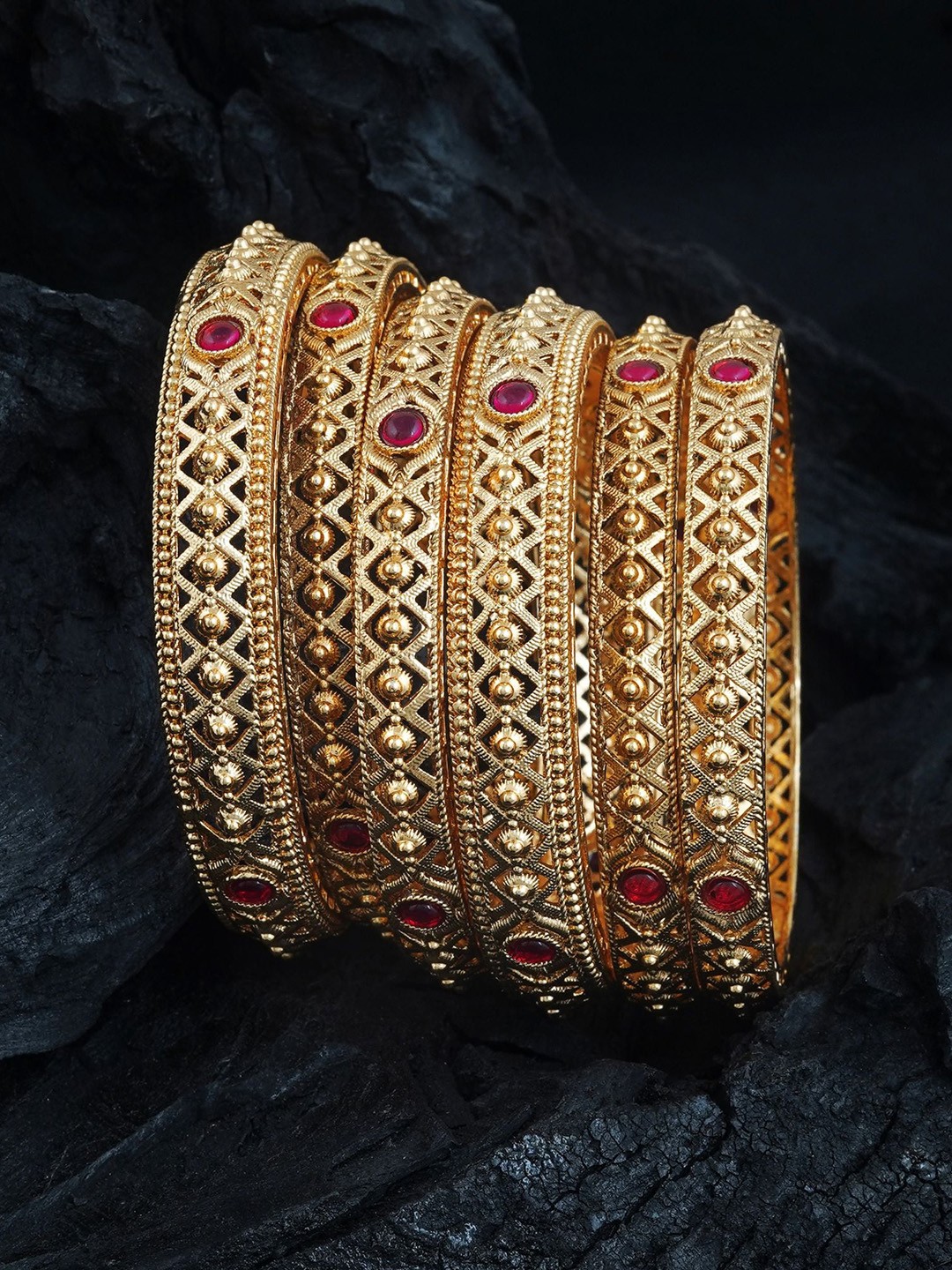 

MANSIYAORANGE Set Of 6 Gold-Plated Stone-Studded Antique Bangles, Pink
