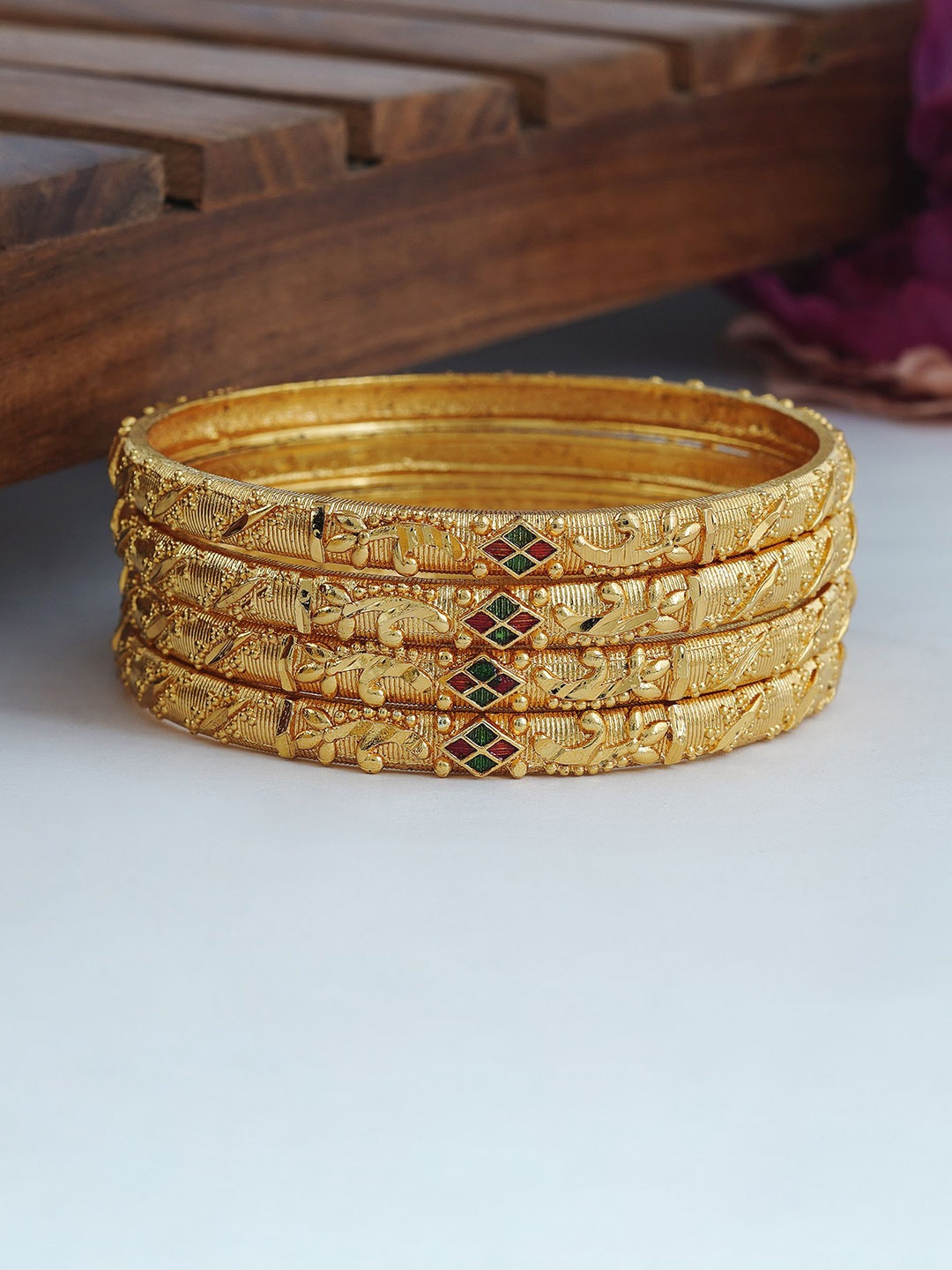 MANSIYAORANGE Set Of 4 Micro Gold-Plated Meena Bangles