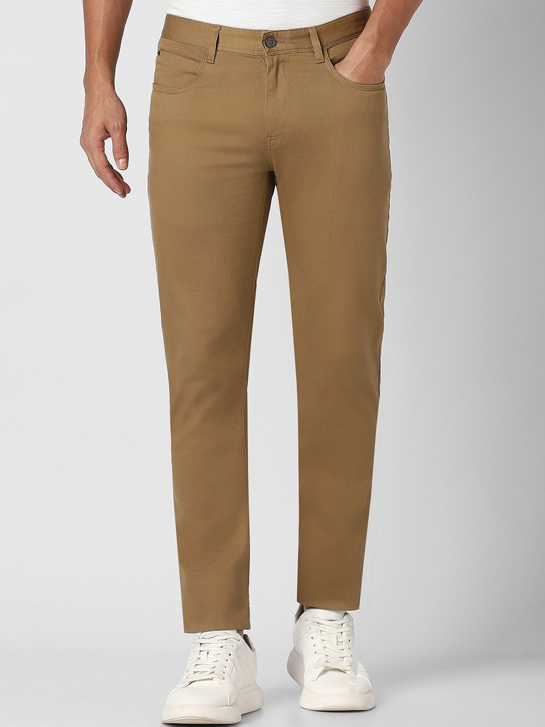 Peter England Casuals Men Mid Top Super Slim Fit Plain Regular Trousers, Brown