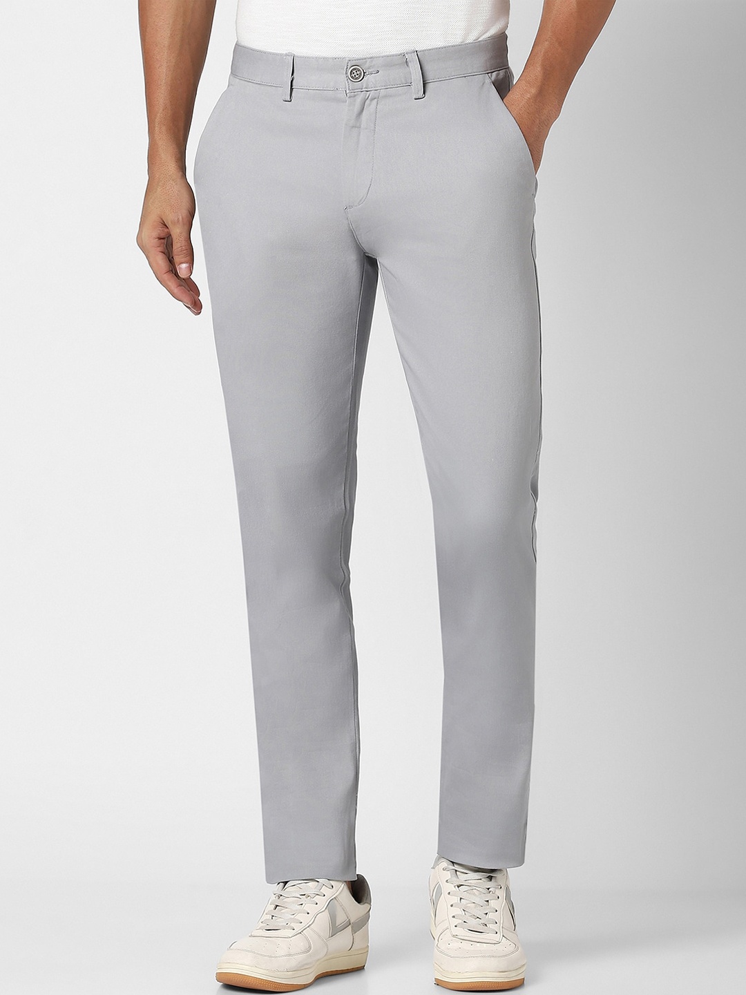 

Peter England Casuals Men Mid Top Super Slim Fit Plain Regular Trousers, Grey