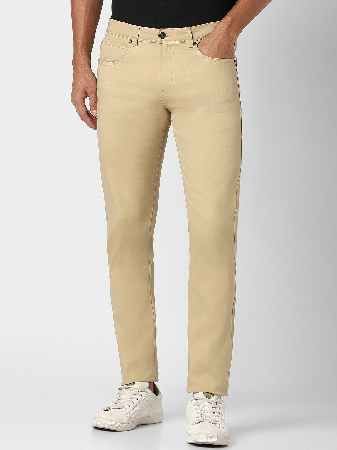 

Peter England Casuals Men Mid-Rise Slim Fit Casual Trousers, Beige