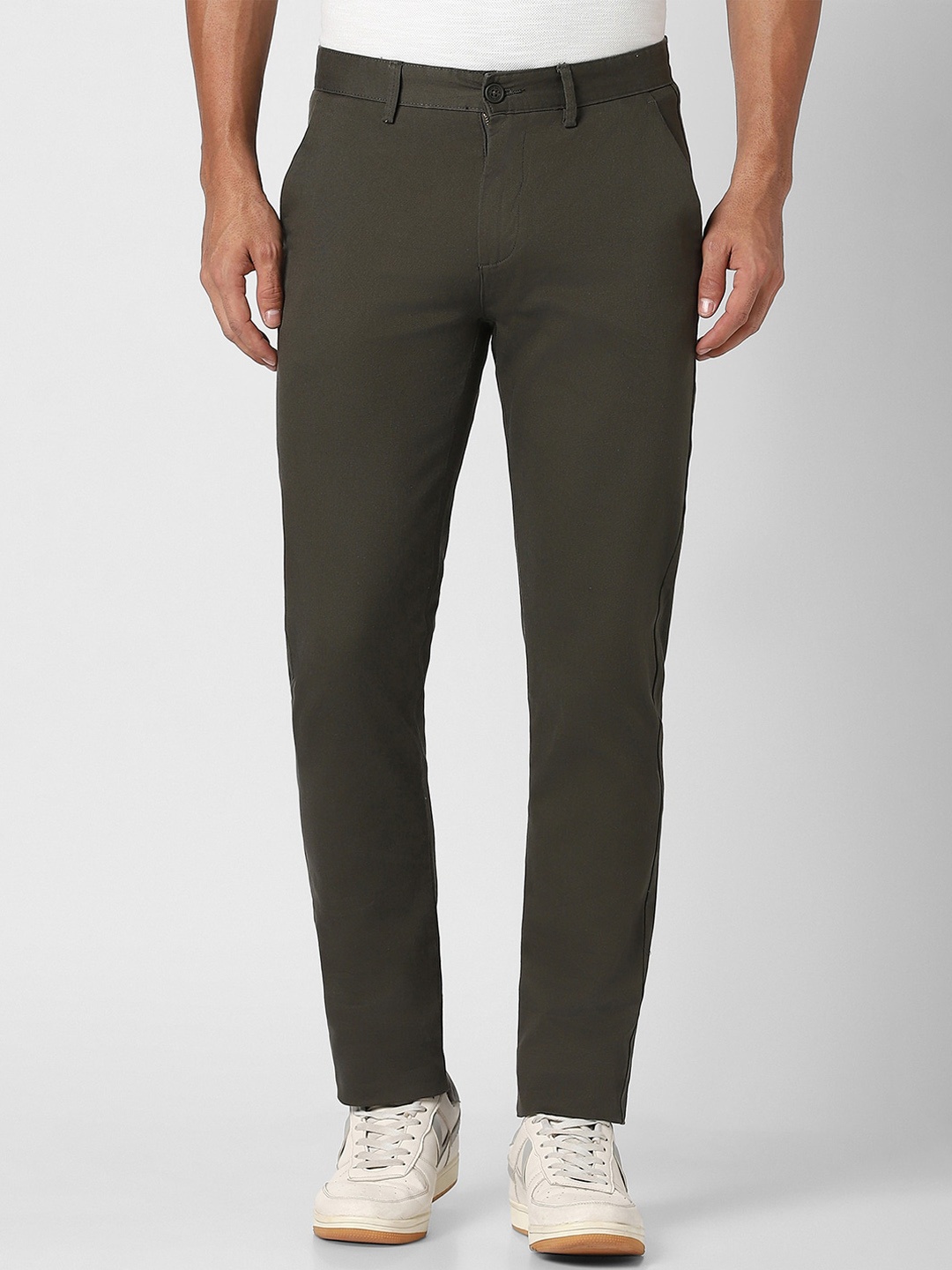 Peter England Casuals Men Mid Top Super Slim Fit Plain Regular Trousers, Olive