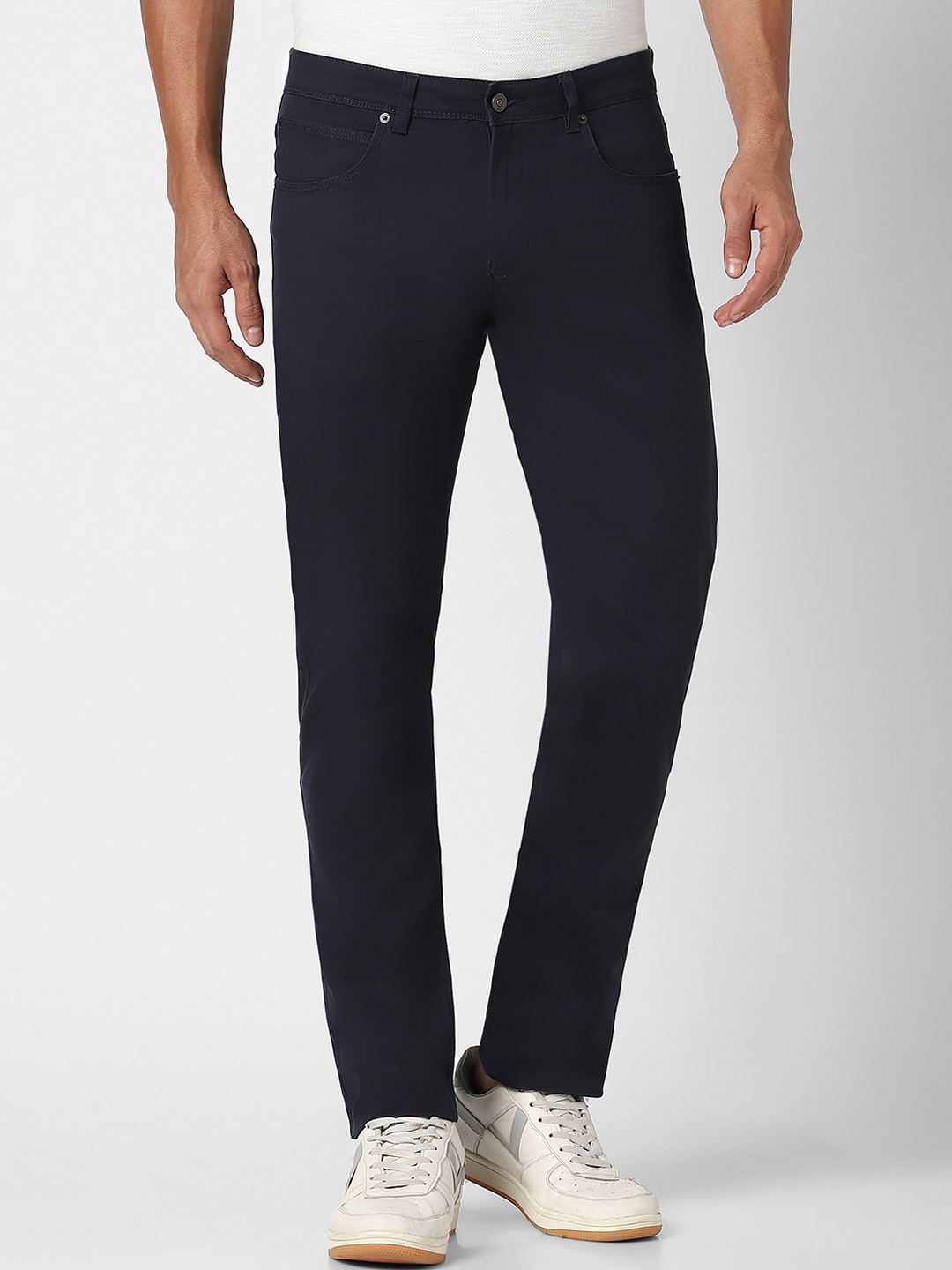 

Peter England Casuals Men Mid Top Super Slim Fit Plain Regular Trousers, Navy blue