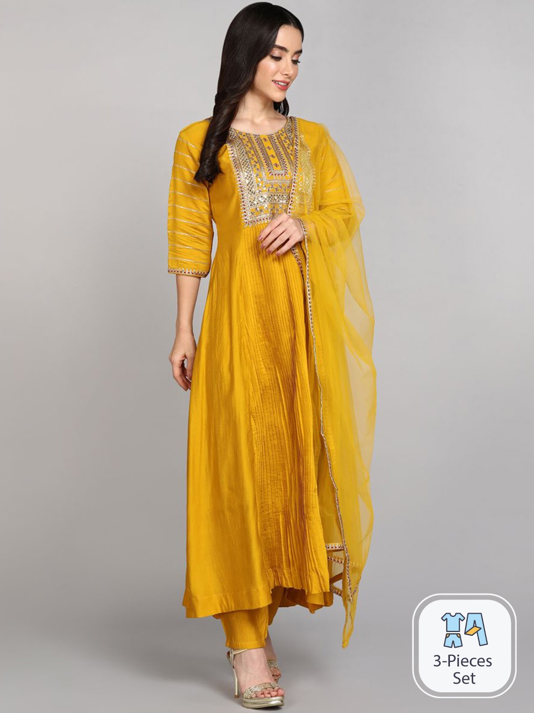 

THE52 Ethnic Motifs Yoke Design Chanderi Silk Pleated Anarkali Kurta with Trousers & With, Yellow