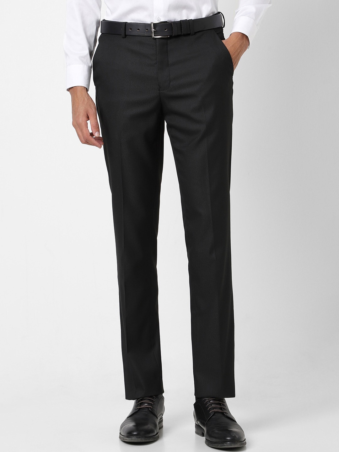 

V Dot Men Textured Skinny Fit Formal Trousers, Black