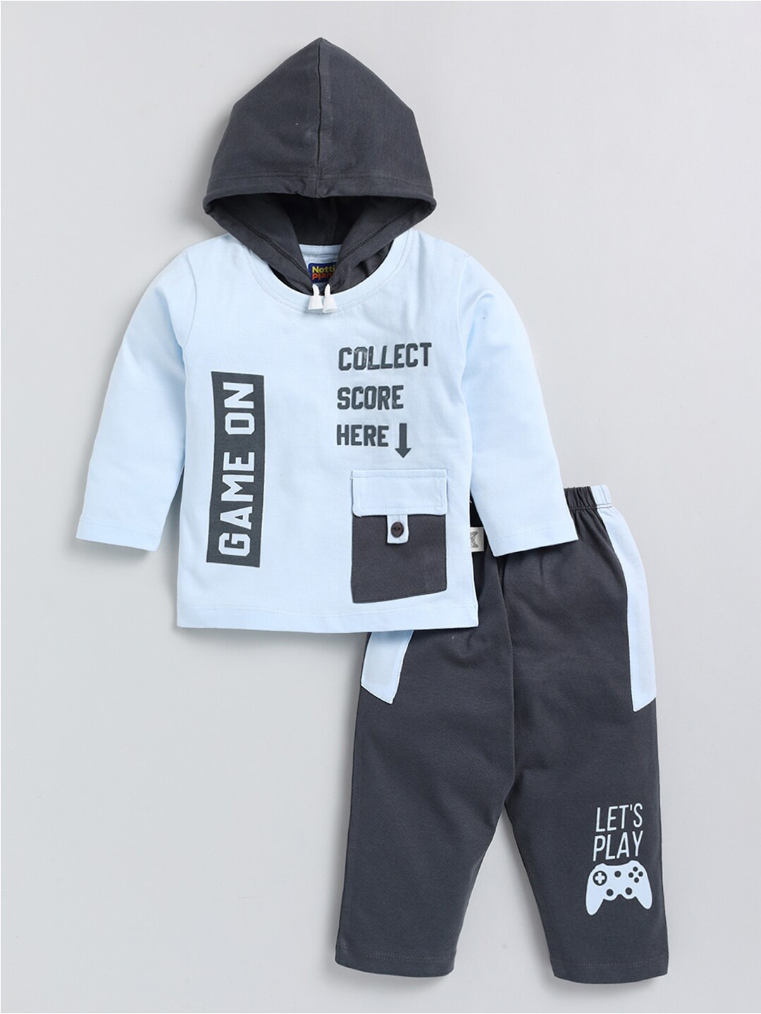 

Nottie Planet Boys Typography Printed Hooded Neck Pure Cotton Clothing Set, Blue