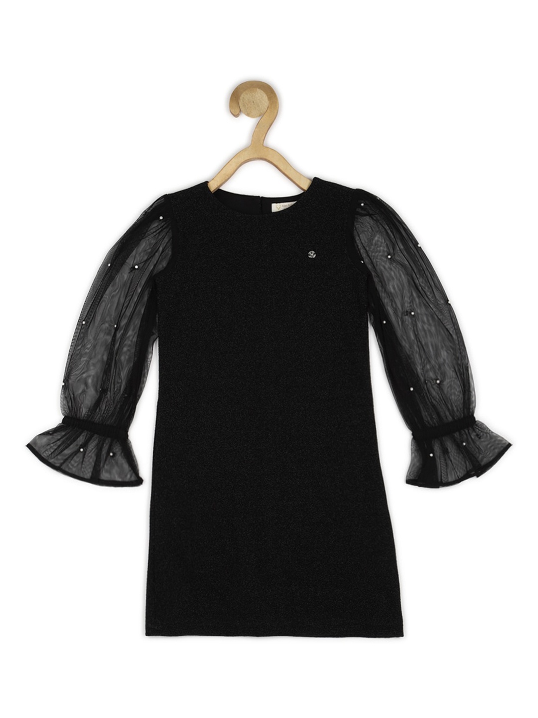 

Allen Solly Junior Girls Round Neck Puff Sleeves Pure Cotton A-Line Dress, Black