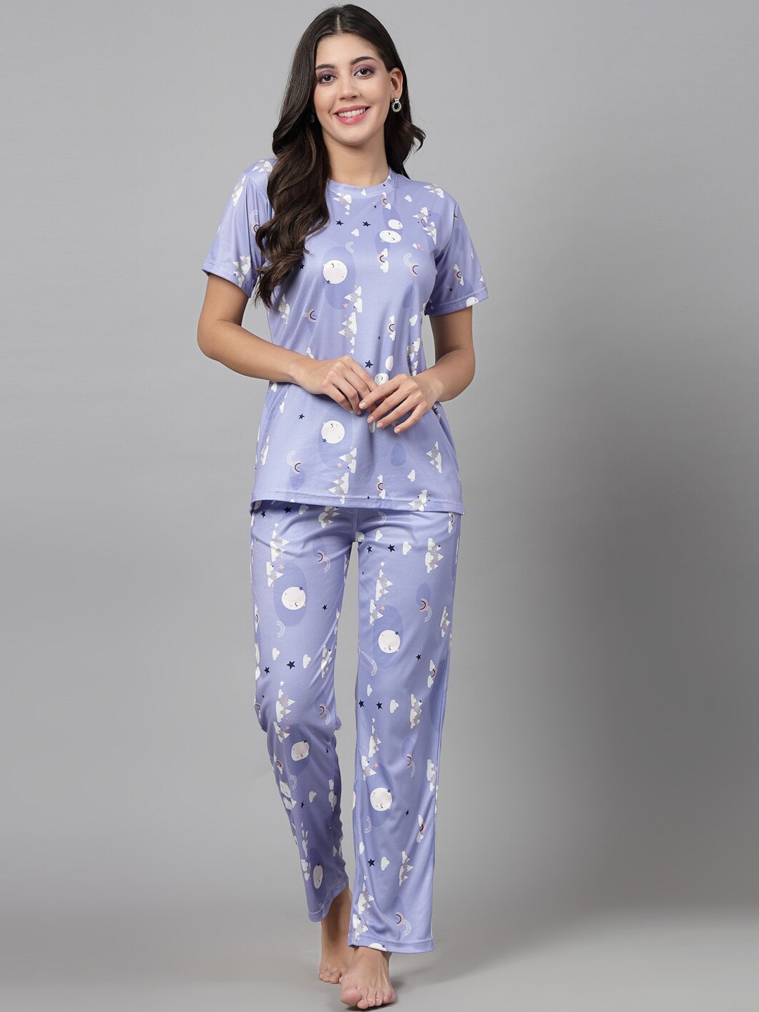 

KALINI Cartoon Printed Round Neck Short Sleeve Pure Cotton Night Suits, Lavender