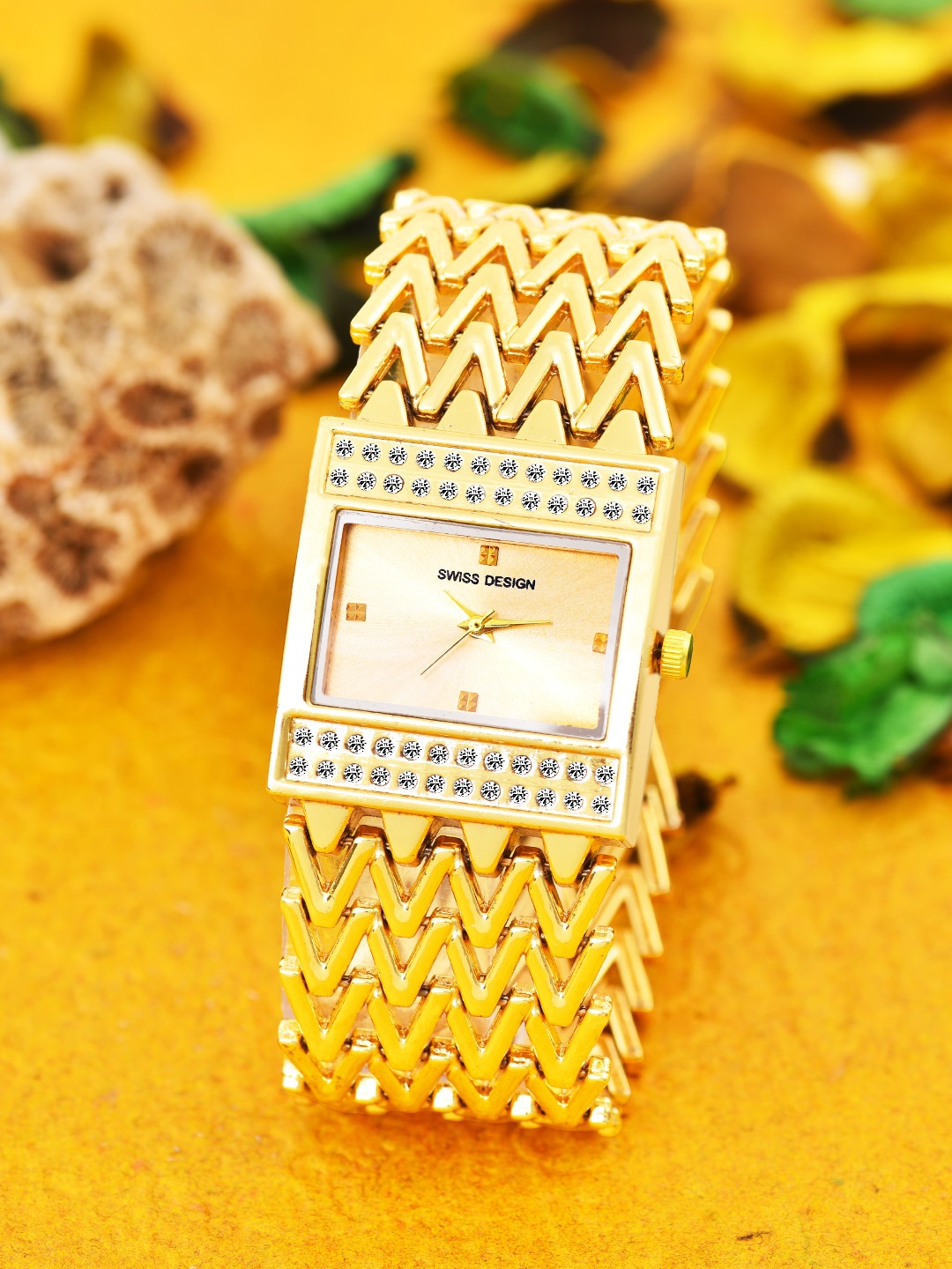 Swiss Design Women Embellished Dial & Bracelet Style Straps Analogue and Digital Watch, Gold