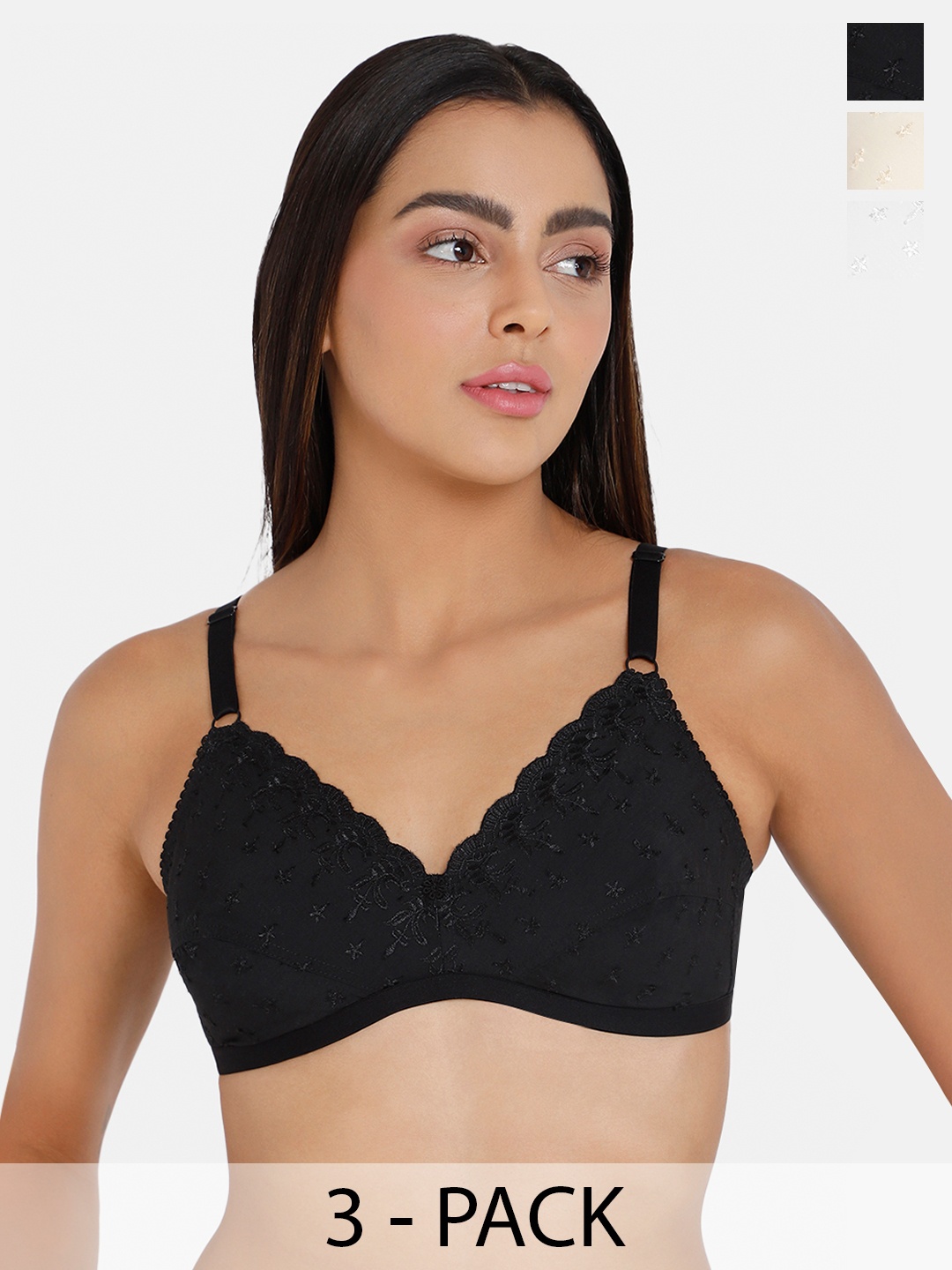

NAIDU HALL Pack Of 3 Medium Coverage All Day Comfort Cotton Everyday Bras, Black