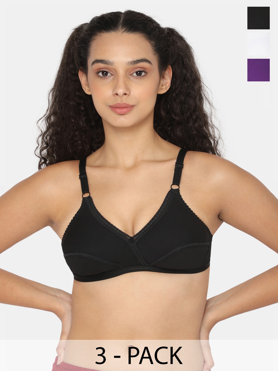

NAIDU HALL Pack Of 3 Medium Coverage All Day Comfort Cotton Everyday Bras, Black