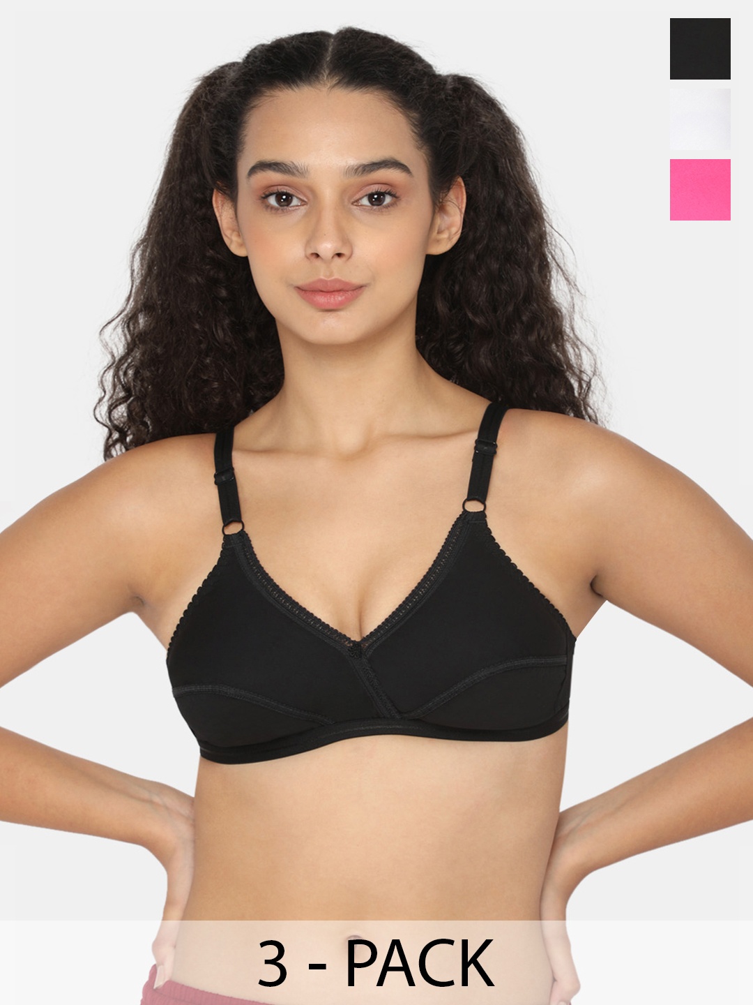 

NAIDU HALL Pack Of 3 Medium Coverage All Day Comfort Cotton Everyday Bras, Black