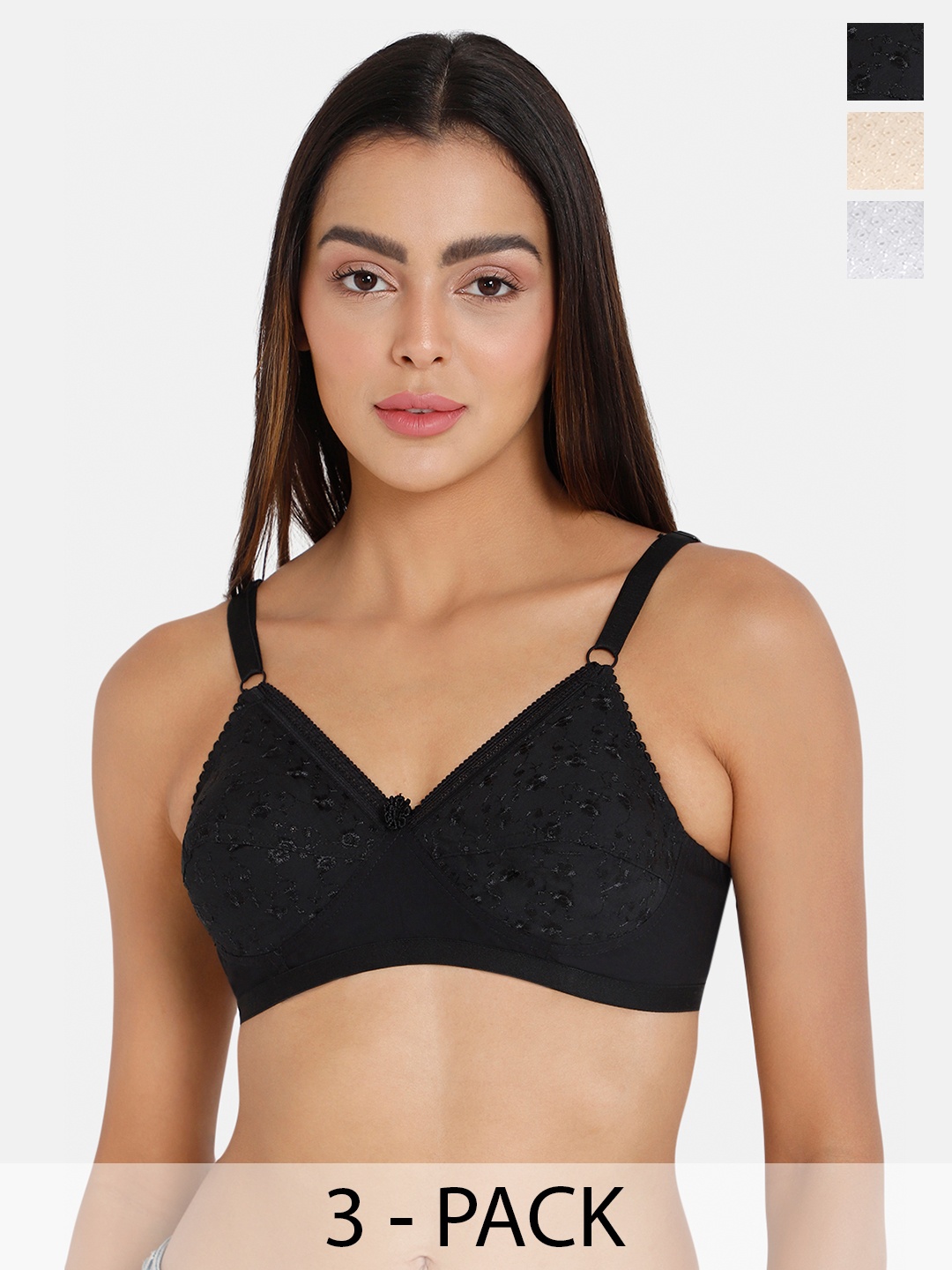 

NAIDU HALL Pack Of 3 Full Coverage All Day Comfort Cotton Everyday Bras, Black